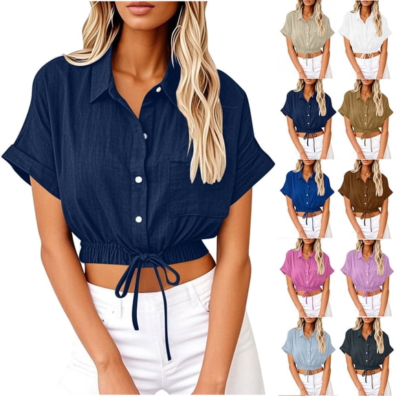 TAGOLD Summer Casual Tops,Plus Size T-shirt Blouse for Womens, Women's Lapel Short Sleeve Loose Button And Linen Tunic Summer Work Clothes Short Shirt Blouse