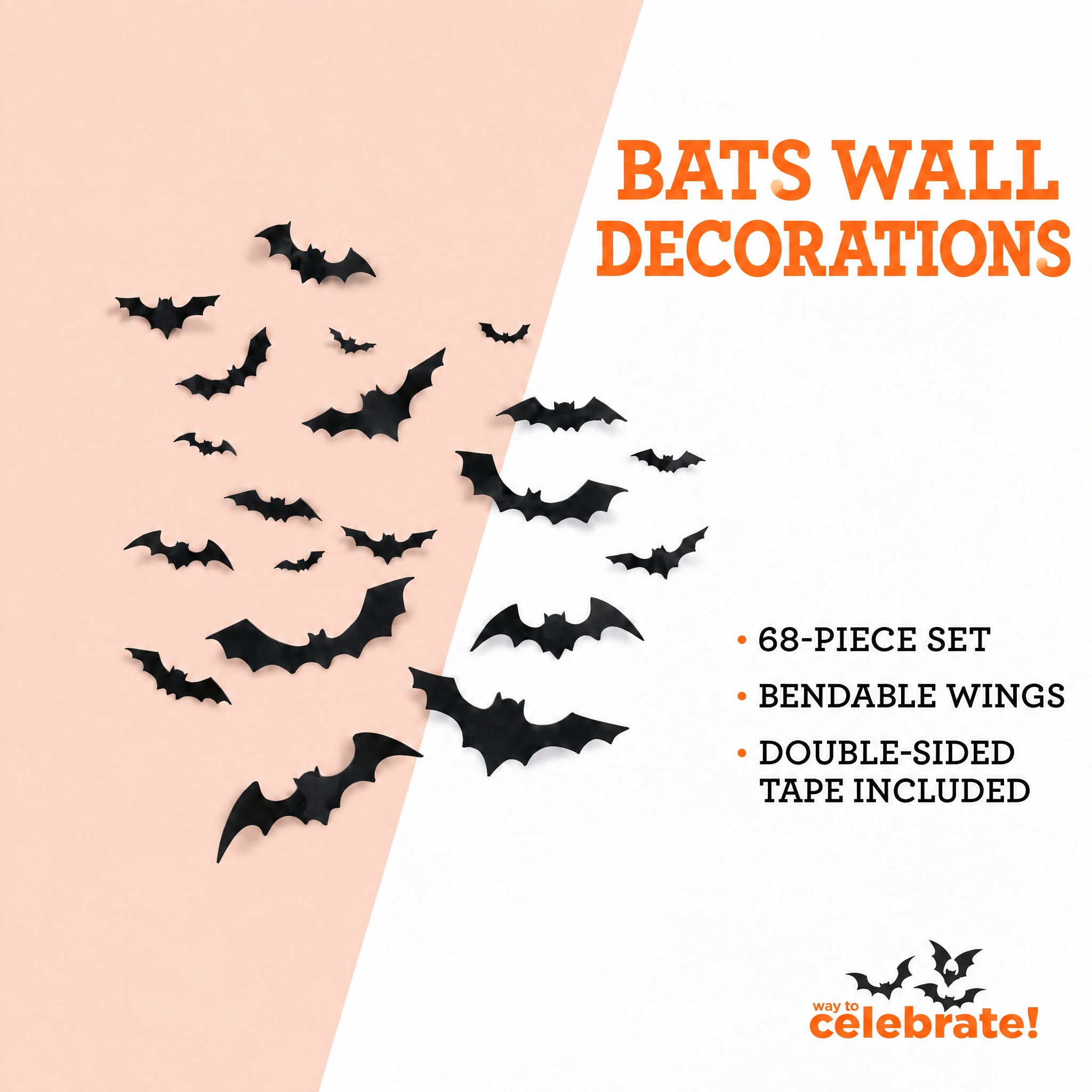 Bats Wall Decorations, Black, 68 Pieces, Halloween by Way To Celebrate