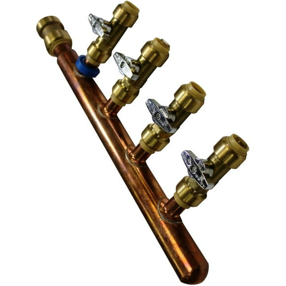 3/4" Push Fit Inlet x 1/2" Push Fit Push 'N' Connect 4 Branch Closed End Manifold with Valves