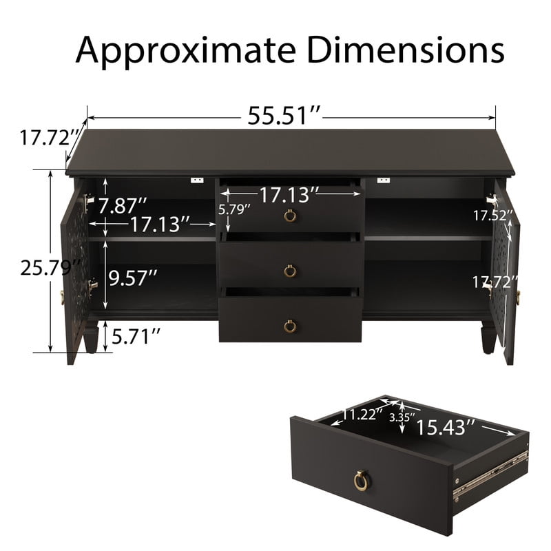 Vintage TV Stand with Carved Doors for 65'' TVs, Freestanding Storage Cabinet Media Console with Drawers & Adjustable Shelf
