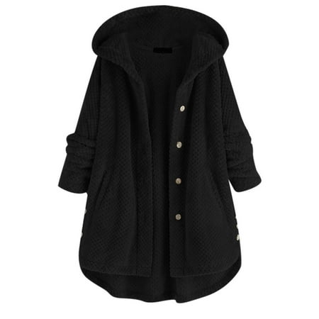 Xinqinghao Jackets Coat For Women Plus Size Women Irregular Long Sleeve Button Pocket Hooded Coat Women Coat Black 4XL