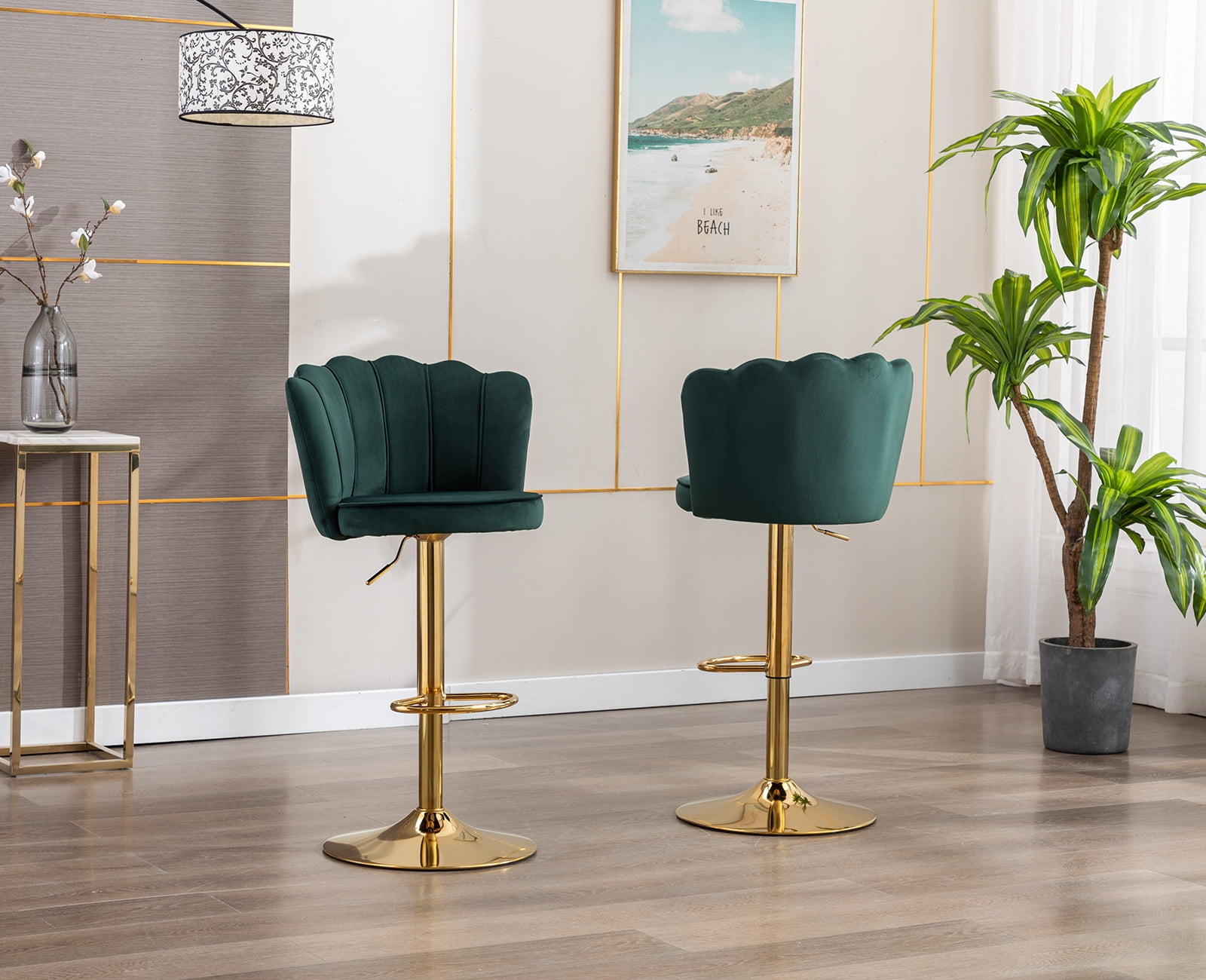 Guyou Swivel Adjustable Bar Stools Set of 2, Velvet Counter Height Barstools with Petal Back and Gold Footrest, Modern Counter Bar Height Stool Chairs for Kitchen Island Bar Cafe, Dark Green