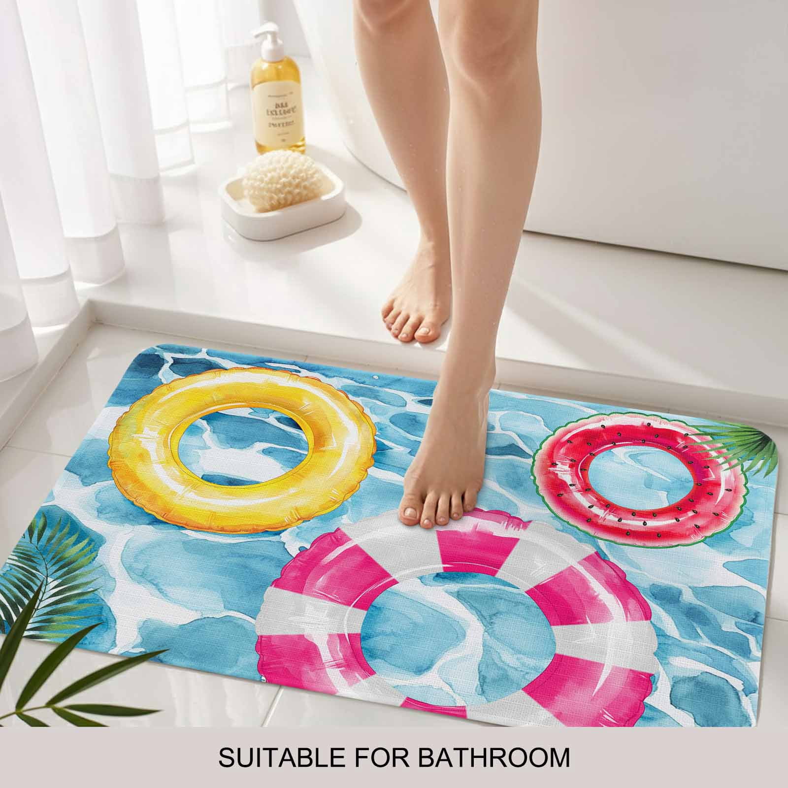 Summer Blue Pool Doormat Outdoor Entrance 24"x36", Ocean Beach Swimming Ring Vintage Absorb Moisture Dirt Door Mats, Non-Slip Rubber Backing Floor Mats Indoor, Low-Profile Front Door Rugs