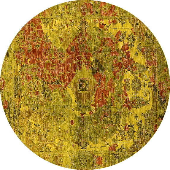 Ahgly Company Machine Washable Indoor Round Oriental Yellow Industrial Area Rugs, 4' Round
