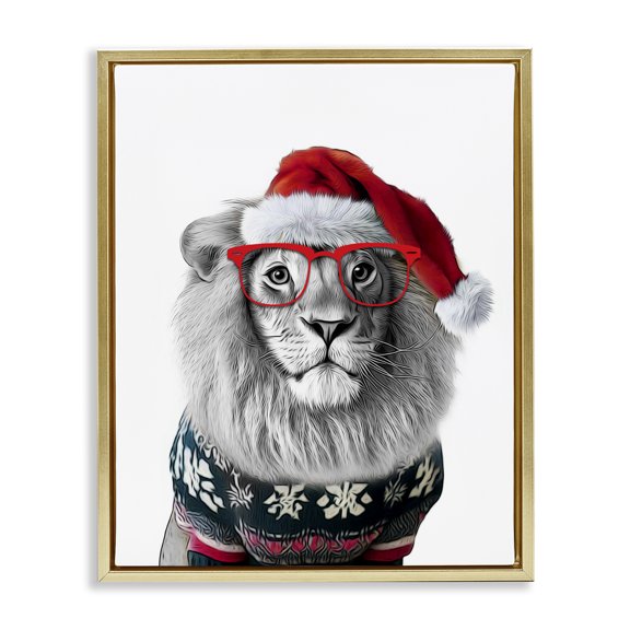 Stupell Industries Cottage Lion in Christmas Sweater Gold Floating Frame Canvas Art, 17 x 21, by Annalisa Latella