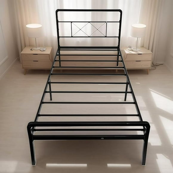 Twin Size Bed Frame with Headboard and Footboard, Heavy-Duty Metal Platform Single Bed Frame with Steel Slats Support and Non-Slip Strips (No Box Spring Needed)