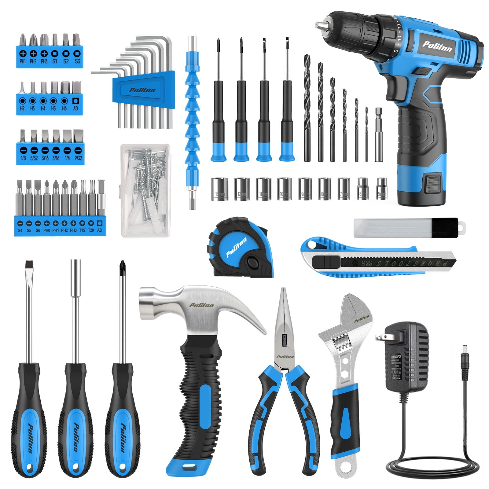 PULITUO 148-Piece Home Drill Set with 12V Blue Cordless Drill, Hand Tools, Tool Box, Ideal for Men, Women, and DIY Enthusiasts for Home Improvement