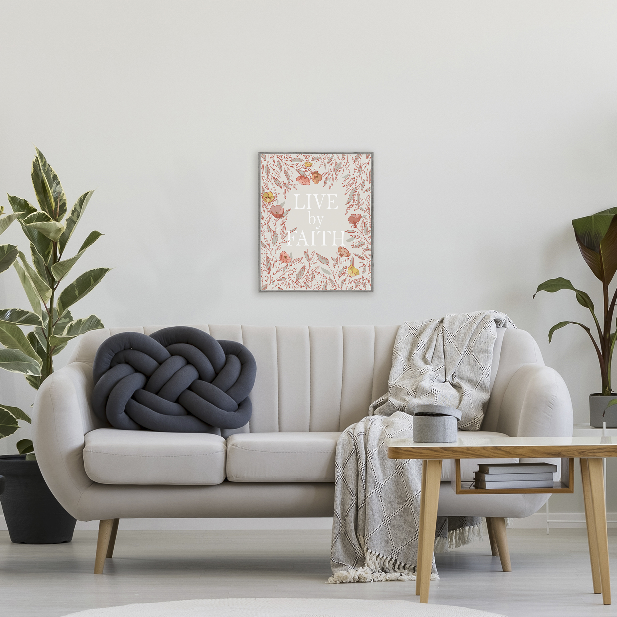 Live By Faith Rosy Florals Gray Framed Giclee Art, design by Kelley Talent