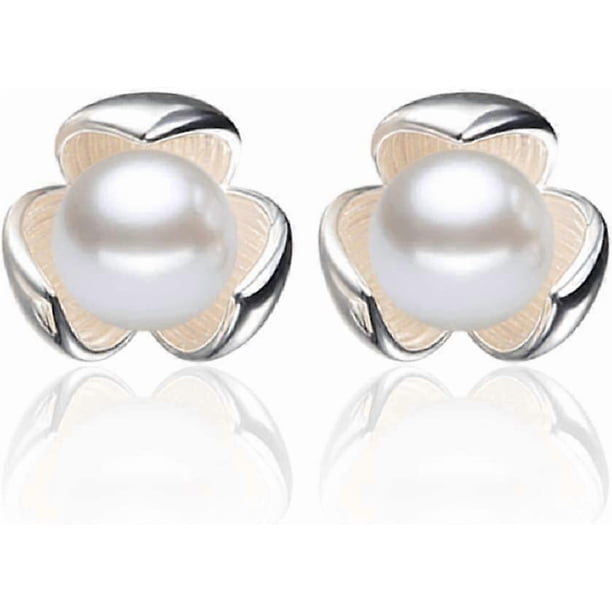 Sterling Silver Stud Earrings Lucky Clover Flower Stud Earrings Pearl Shampoo Agate Stud Earrings Unique Jewelry Gifts for Women and Girls (Pearl) pea