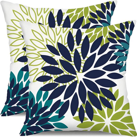 AUQ 2026 New Navy Blue Flower Pillow Covers 16X16" Set of 2 White Gray Colored Throw Pillows Outdoor Waterproof Decor for Living Room Sofa Patio Furniture Garden Floral Polyester Pillow Covers