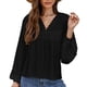 thumbnail image 1 of Blusa de mujer Cuello en V Costuras de encaje Dobladillo con volantes Color puro Linterna elegante Manga larga Top de mujer Negro M, 1 of 6