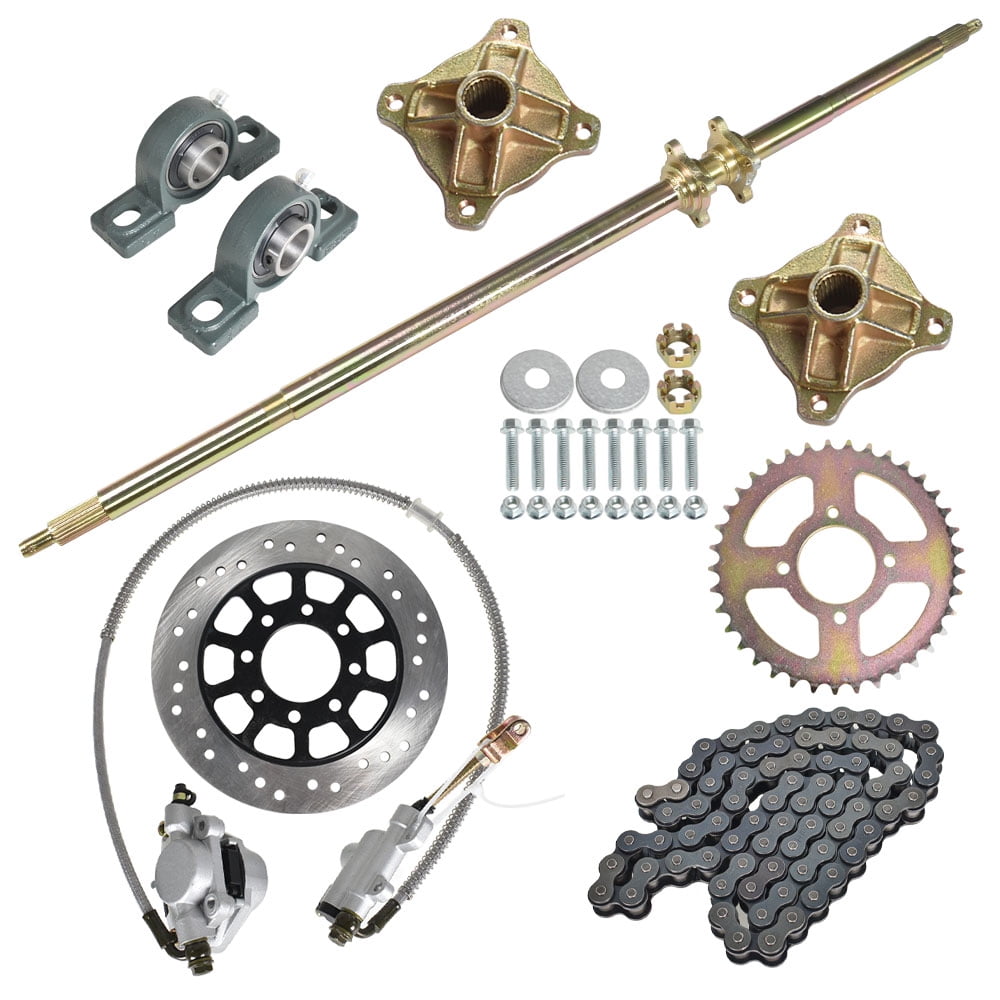 44 Inch Live Rear Axle Kit Chain Sprocket Brake Disc Pillow Block Wheel Hub Chain Brake Master Cylinder Caliper Rear Axle Assembly DIY Rebuild Replacement for Go Kart ATV Quad and Drift Trikes