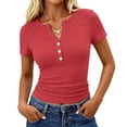 thumbnail image 7 of Qwertyu Women's 2026 Fall Summer Short Sleeve Tops Ribbed Henley Button Slim Fit Basic Casual T Shirts Blouse Clothing Vermilion S, 7 of 7