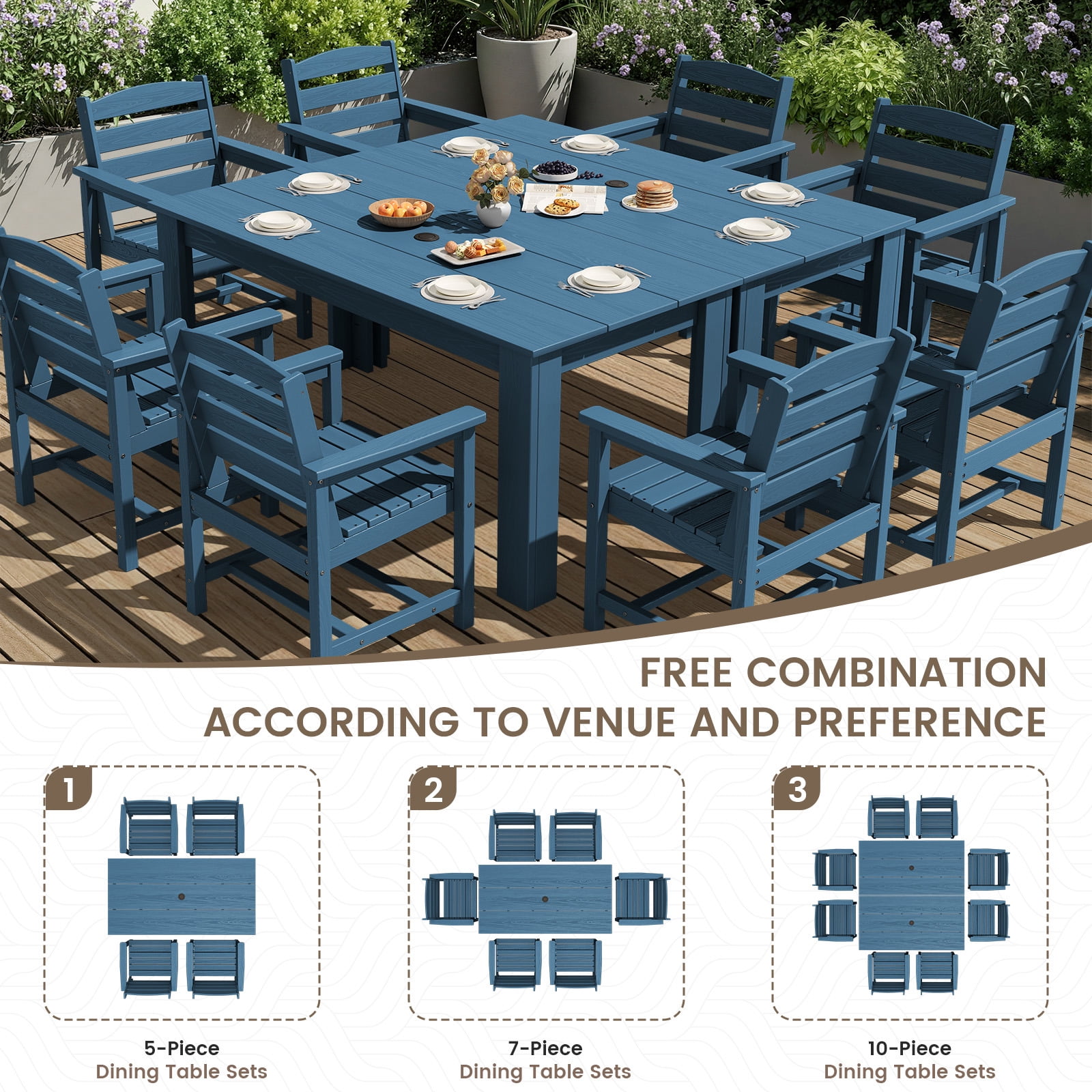 SERWALL 5-Piece Patio Dining Set, 59" Outdoor Dining Table and 4 Chairs with Umbrella Hole for Garden, Deck, Poolside, Blue