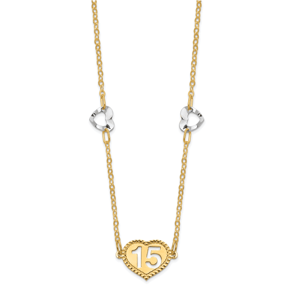 14K Gold & Two Tone Silver Plated Polished 15 Heart with 2 In Extender Necklace