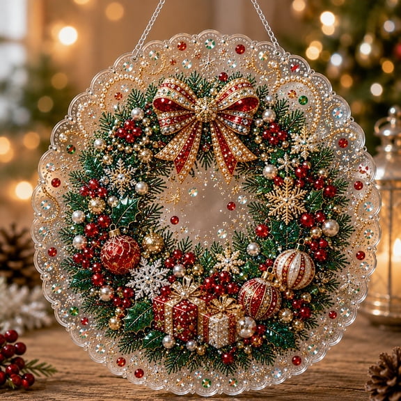 Double-Sided Christmas Pearl Diamond Art Ornament Kit DIY Hanging Decor, Shimmering Holiday Craft for Tree Window Wall Fireplace