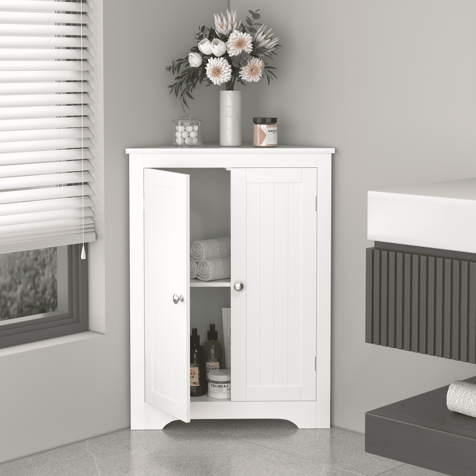 Jopath Floor Corner Cabinet with 2 Shelves,Corner Storage Cabinet Shelving Storage with Adjustable Shelves for Kitchen Living Room Bathroom, White