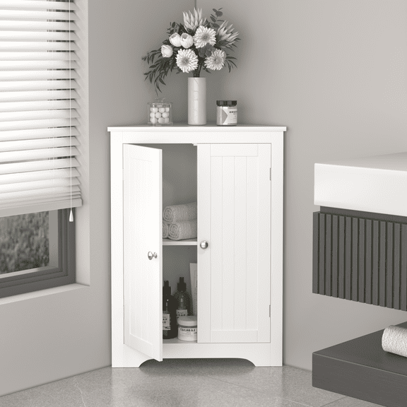 Floor Corner Cabinet with 2 Shelves,Corner Storage Cabinet Shelving Storage with Adjustable Shelves for Kitchen Living Room Bathroom, White