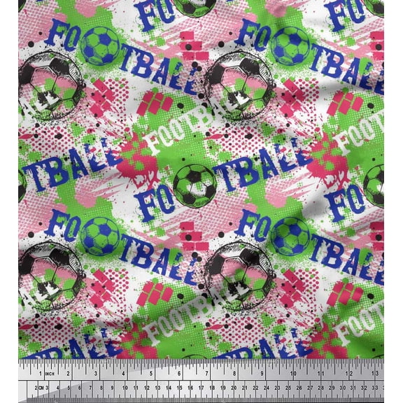 Soimoi Pink Cotton Cambric Fabric Brush Stroke & Football Sports Print Fabric by the Yard 56 Inch Wide