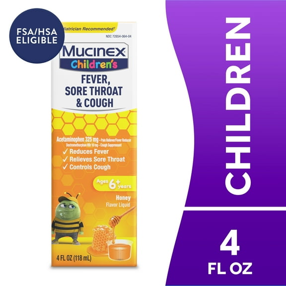 Mucinex Children's Fever, Sore Throat OTC' Cough Medicine for Kids, Honey Flavor Liquid, 4 fl oz