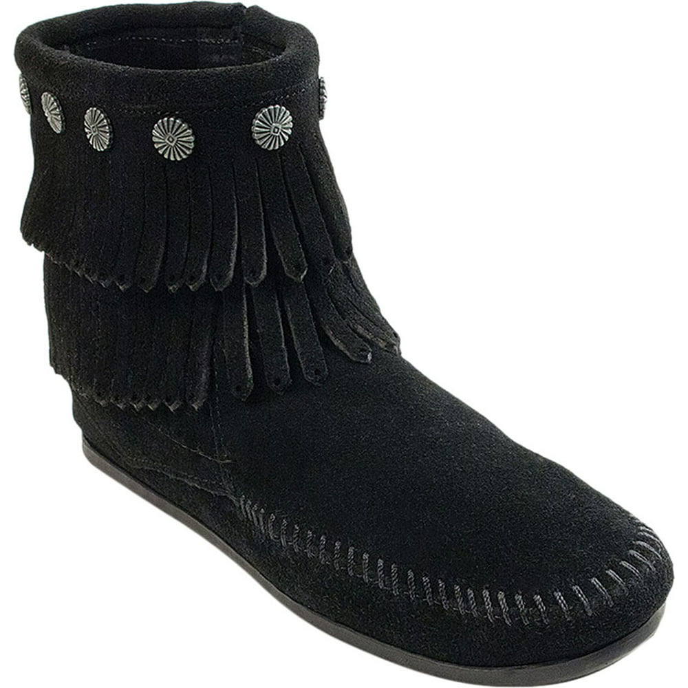 Minnetonka - Women's Minnetonka Double Fringe Side Zip Boot Black Suede ...