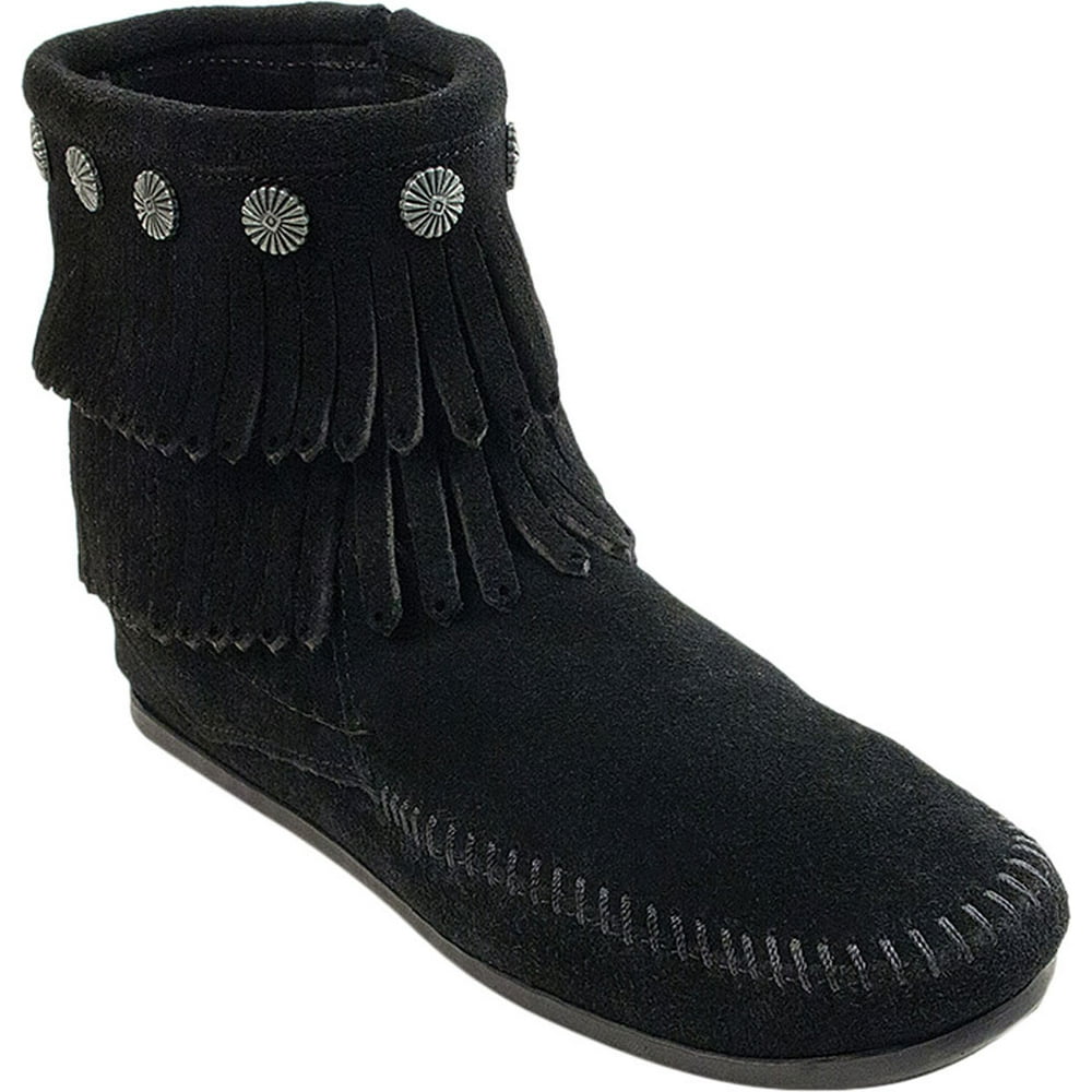 Women's Double Fringe Side Zip Boot Black Suede