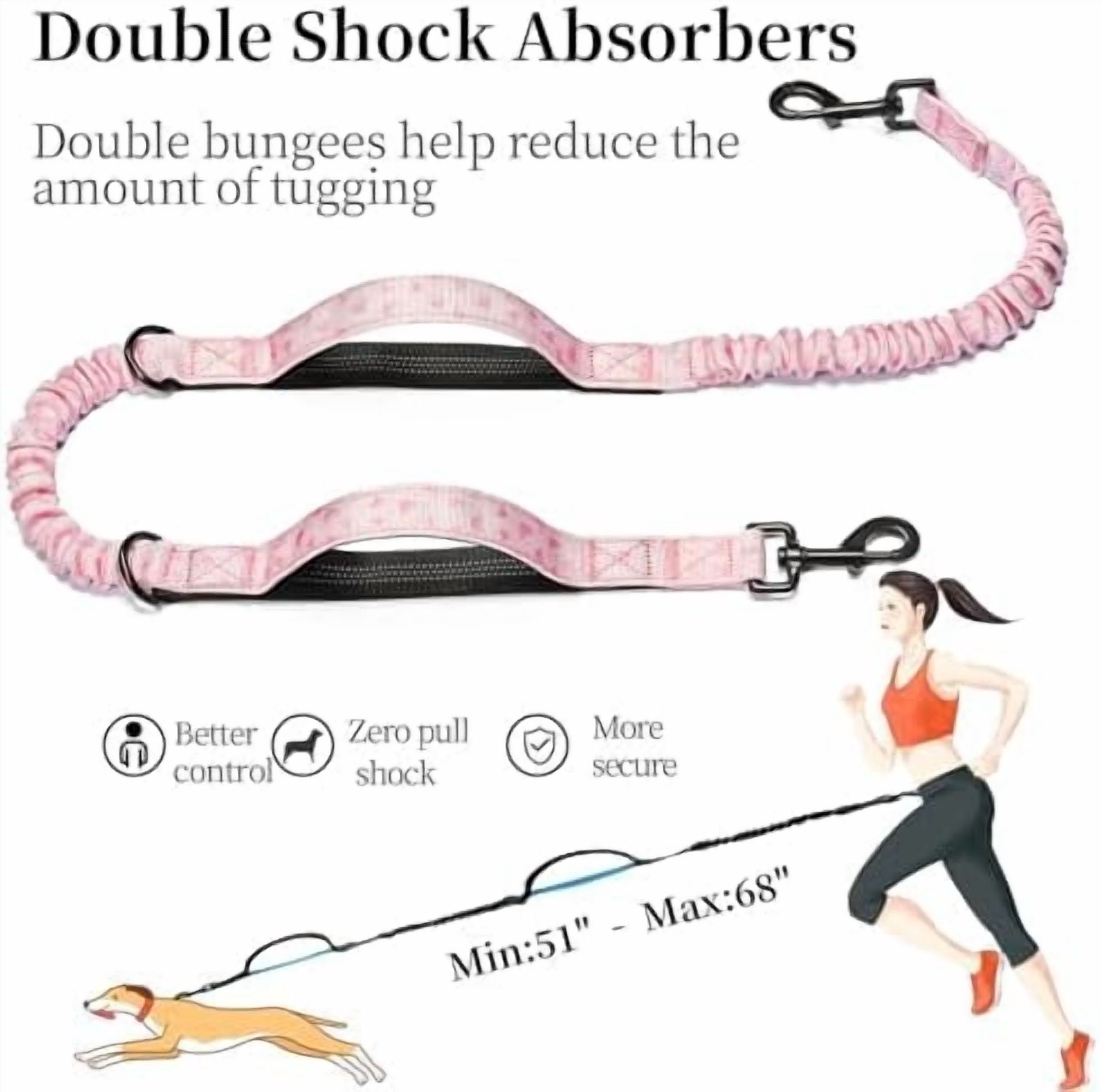 Hands Free Dog Leash with Zipper Pouch, Dual Padded Handles and Durable Bungee for Walking, Jogging and Running Your Dog (Pink Heart, Large)