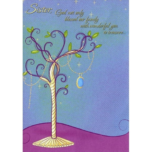 Designer Greetings Blue Pendant Hanging from Tree: Sister Religious Mother's Day Card