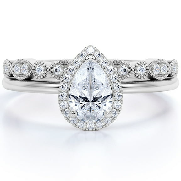 JeenMata Affordable 1.75 Carat Pear cut Moissanite Antique Wedding Ring Set in 18k White Gold Over Silver