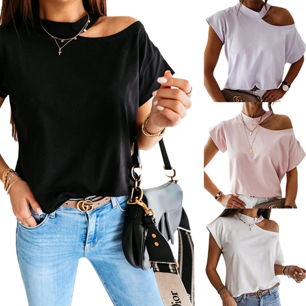 Ardyal Jelly Women Casual Halter Short Sleeve Tee Shirts Asymmetric Cut Out Short Sleeve Simple T Shirts Top Walmart Com Walmart Com
