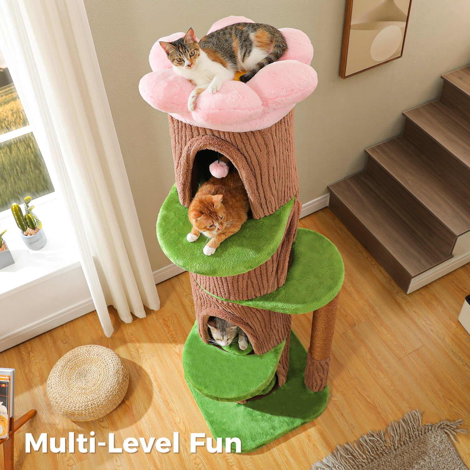 PEQULTI 68.5" Forest Cat Tree with 4 Condos & Flower Top Bed Cat Tower with Thick Scratching Post Brown
