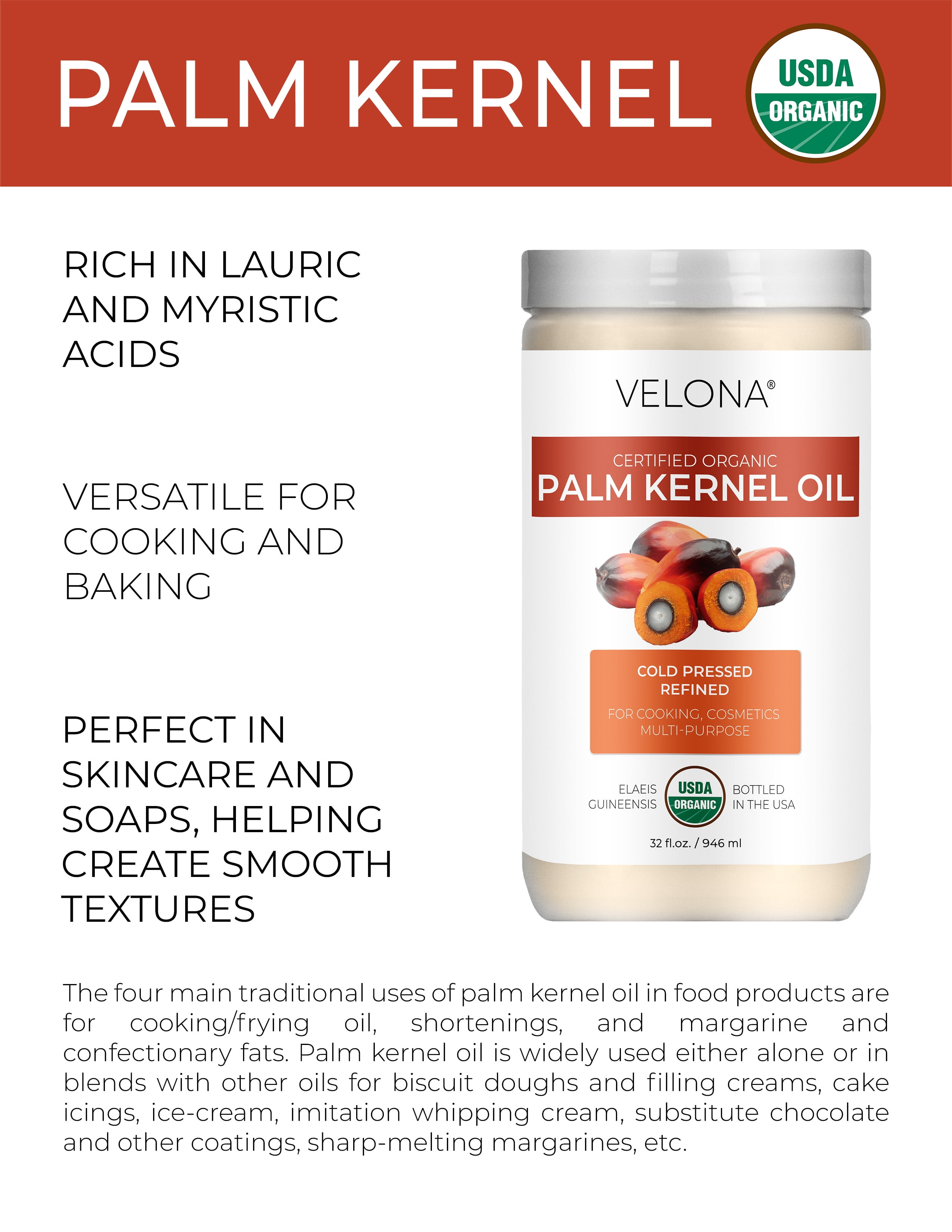 velona USDA Certified Organic Palm Kernel Oil - 64 Fl Oz | 100% Pure and Natural Carrier Oil | Refined, Cold Pressed | Face, Hair, Body & Skin Care | Use Today - Enjoy Results