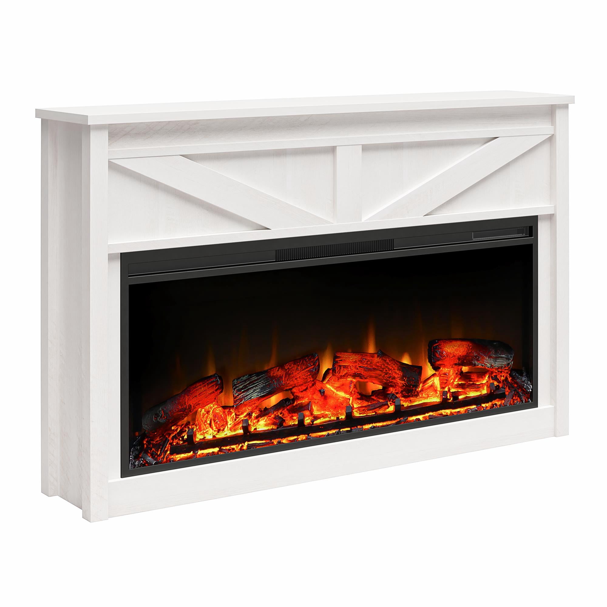 Woven Paths Scandi Farmhouse Wide Modern Farmhouse Mantel with Electric Fireplace, Ivory Oak