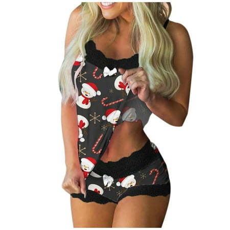 

Fall Clothes Set For Women 2022 Women Christmas Print Pajamas Sleeveless Lace Cami Shorts Lingerie Sleepwear Set