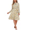 thumbnail image 1 of Vestido midi vintage de flores con cinturón y mangas largas de gasa con cuello atado de Allegra K para mujer en blanco y amarillo, 1 of 6