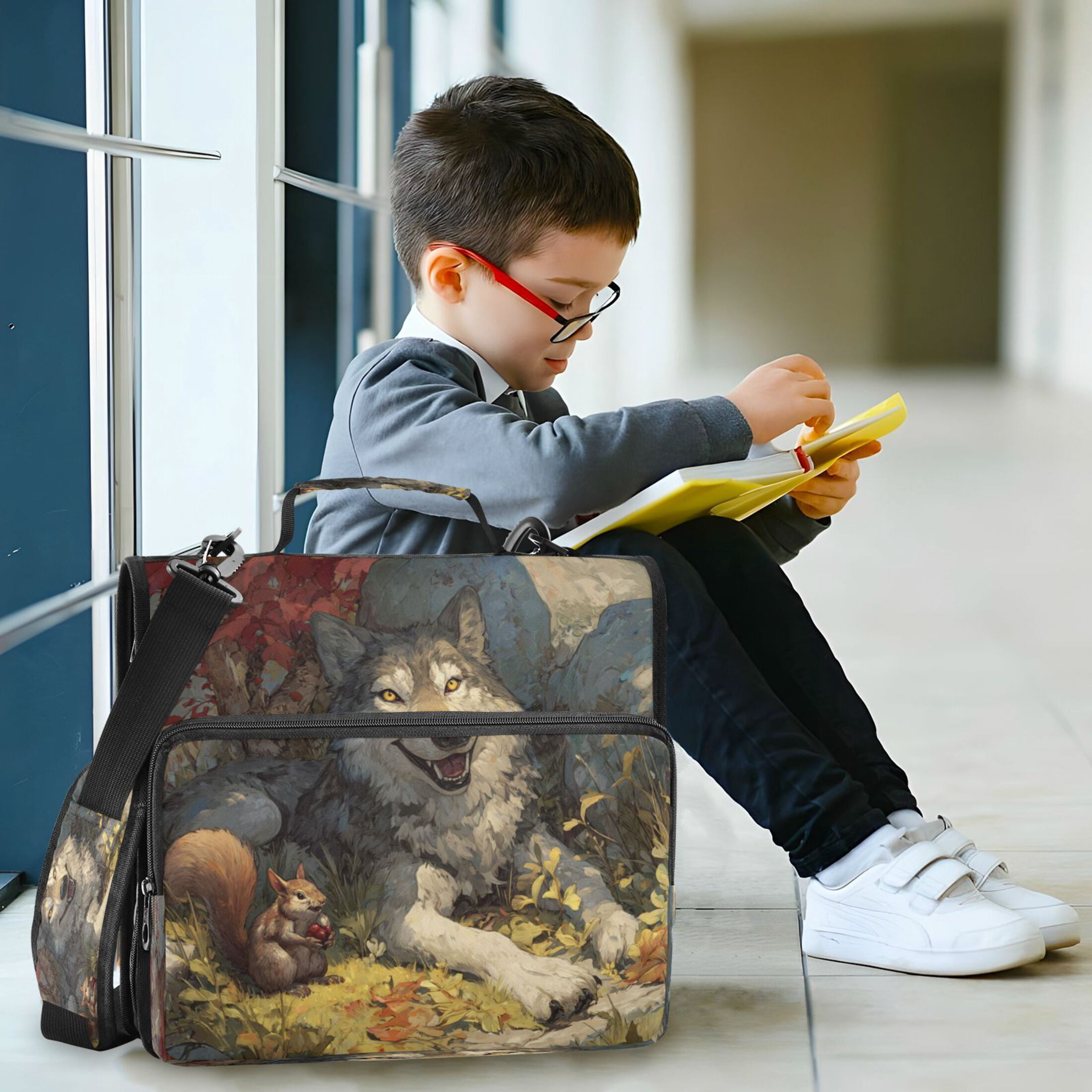 Zipper Binder 3 Rings Stationery Office Files Daily Organizer File Folder Storage Bag Gray Wolf and Squirrel