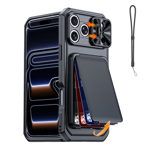 Mynvo Case for iPhone 17 Pro Max with Wrist Strap, Built-in Card Pocket RFID Blocking Slim Hard PC Rugged Non-Slip Shock-Absorbent Bumper, Black