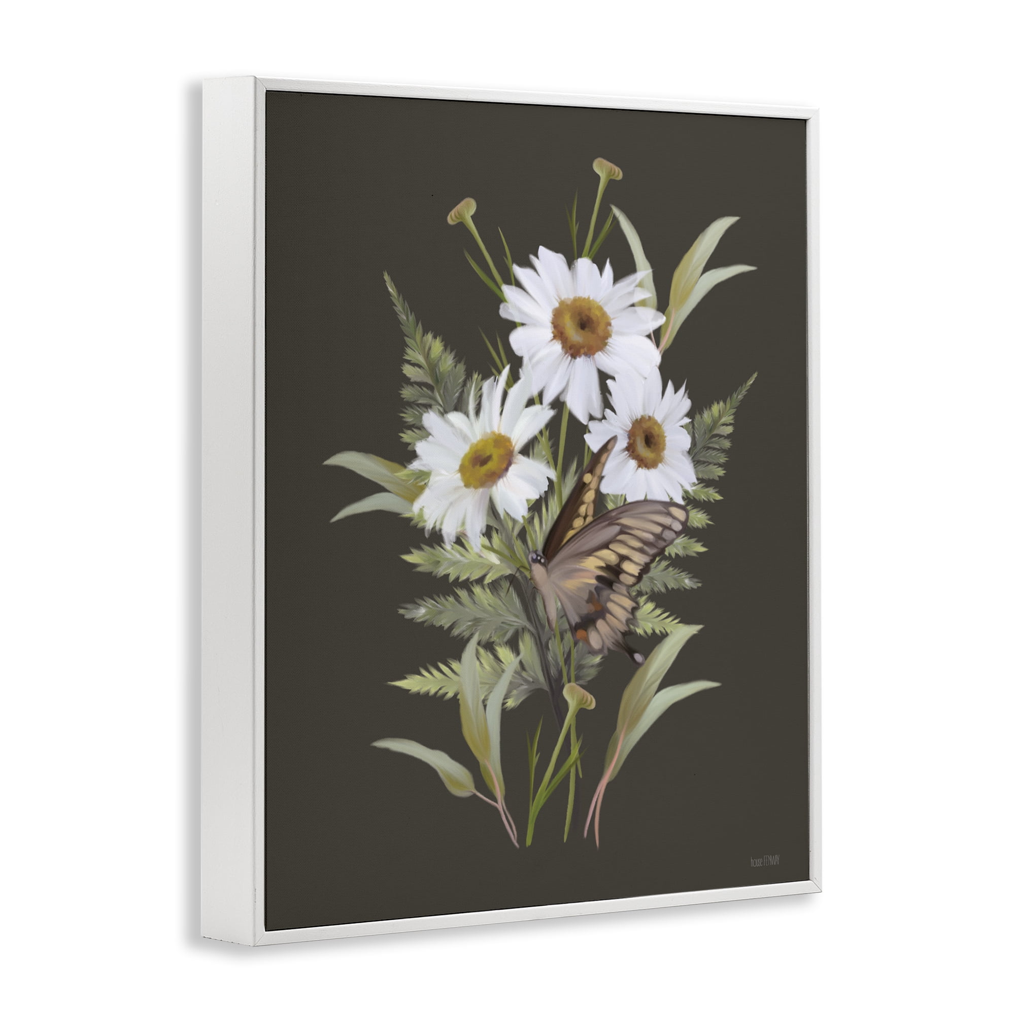 Stupell Industries Daisy Bouquet with Swallowtail White Framed Giclee Art, design by House Fenway