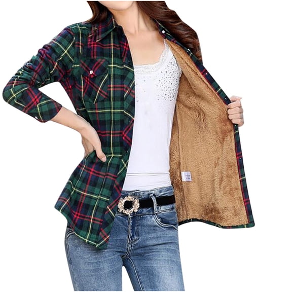 PBNBP Womens Sherpa Fleece Lined Flannel Shirt Jacket Fall Winter Warm Button Up Casual Long Sleeve Plaid Shirt Jacket Coat Fall Clothes for Women On Clearance