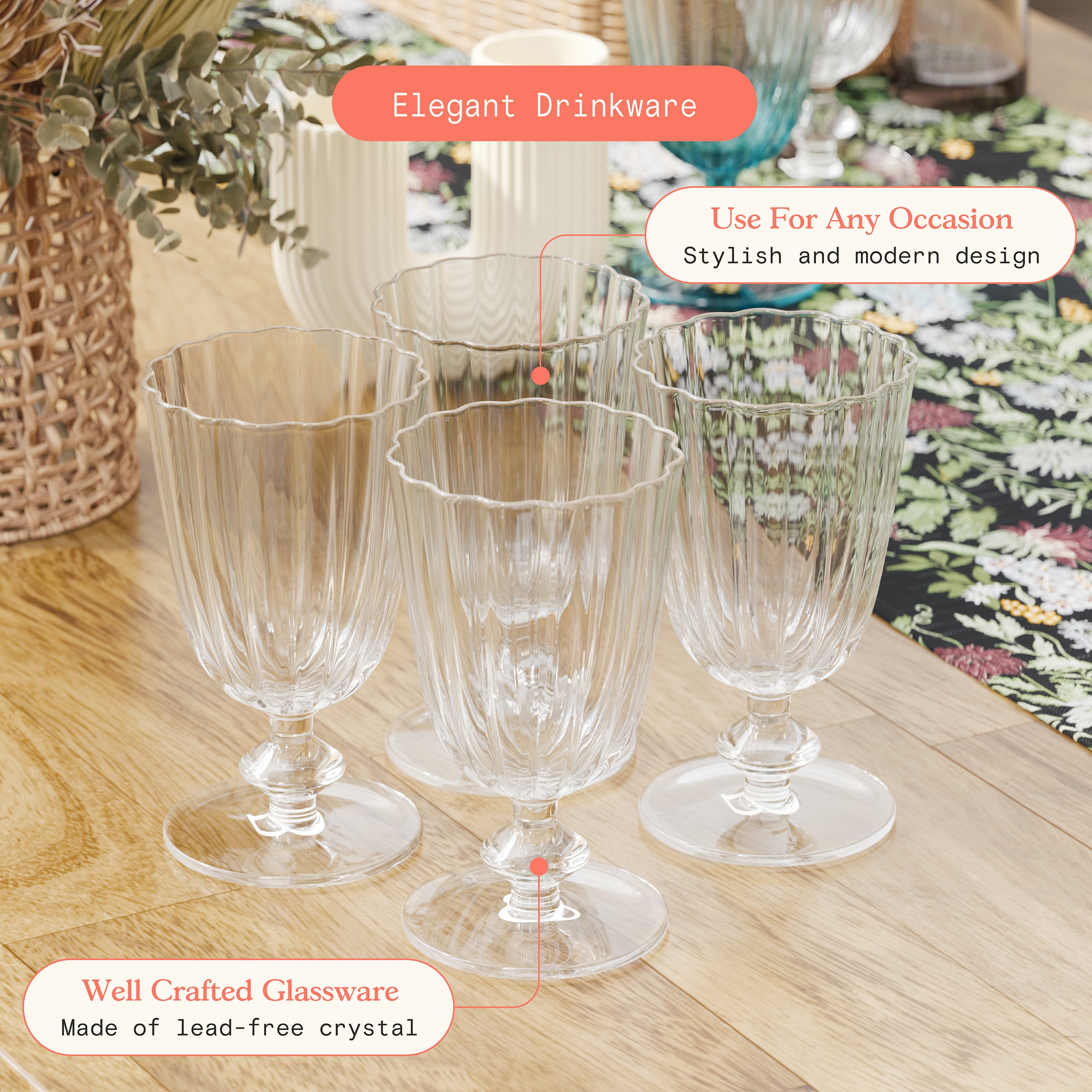 Beautiful Scallop Set of 4 Glass Goblet Clear by Drew Barrymore
