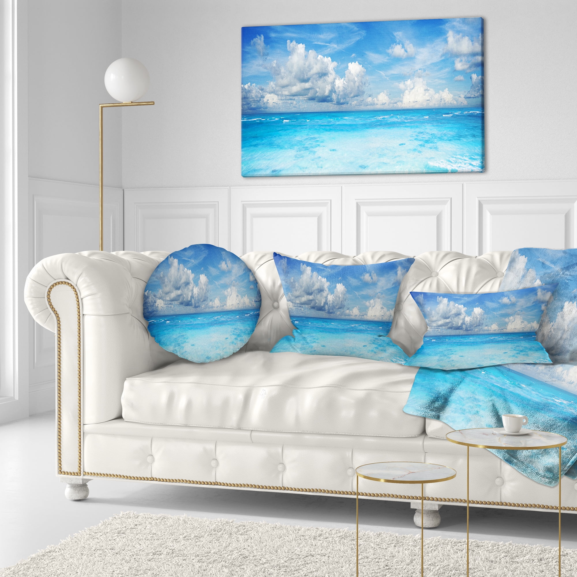 Designart Bright Blue Waters and Sky Panorama - Modern Seascape Throw Pillow - 12x20