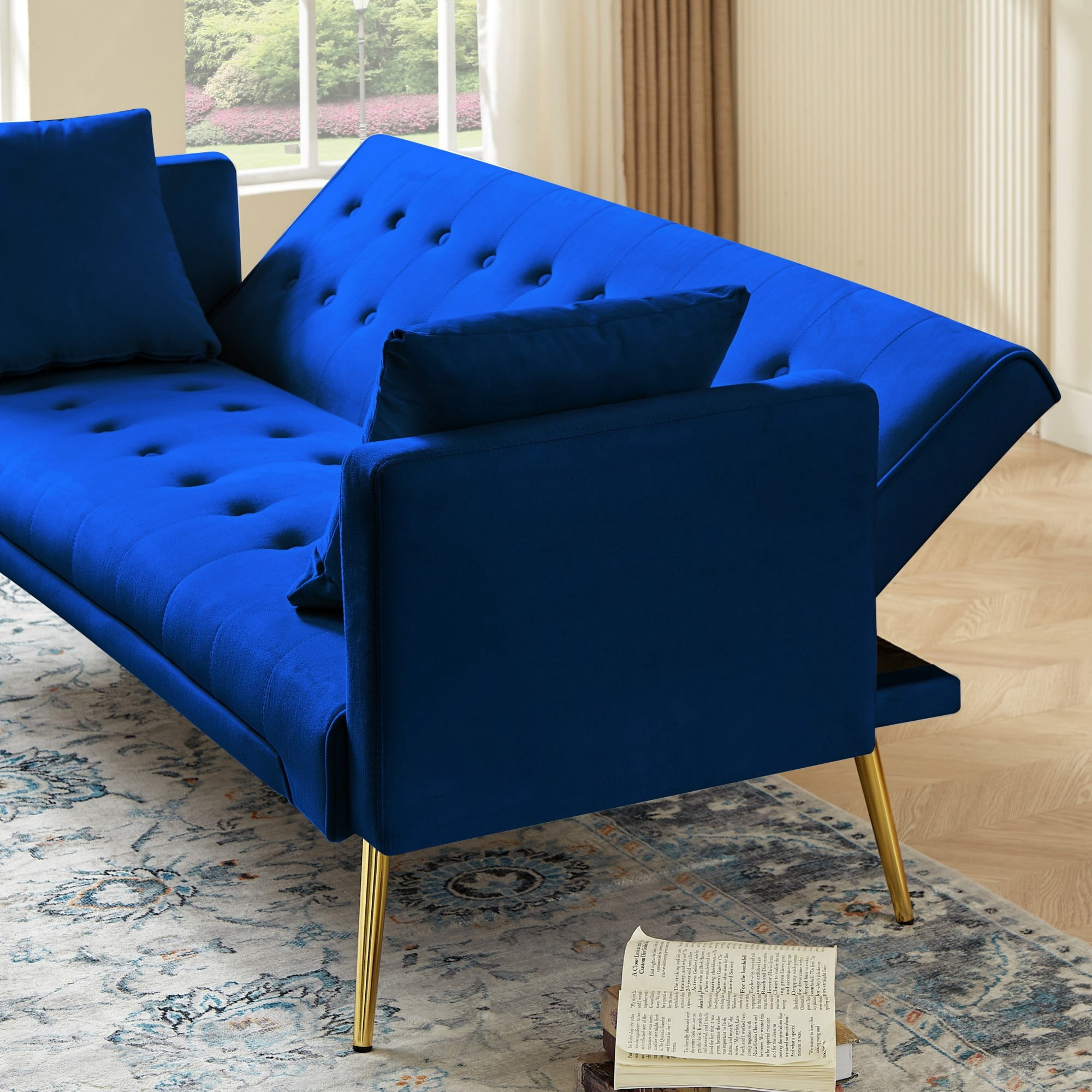 Leumius Velvet Futon Sofa Bed,Adjustable Convertible Folding Sleeper Couch Bed for Compact Living Spaces,Blue 02