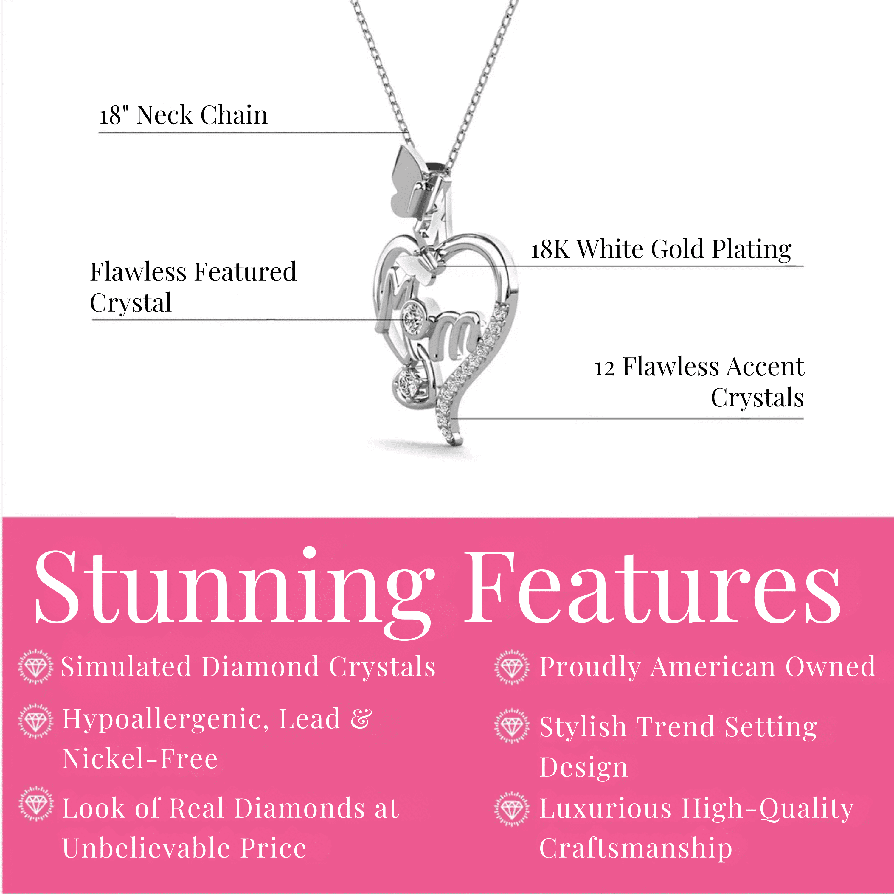 Cate & Chloe Mabel 18k White Gold Plated Mom Heart Necklace with Simulated Diamonds Gift for Women