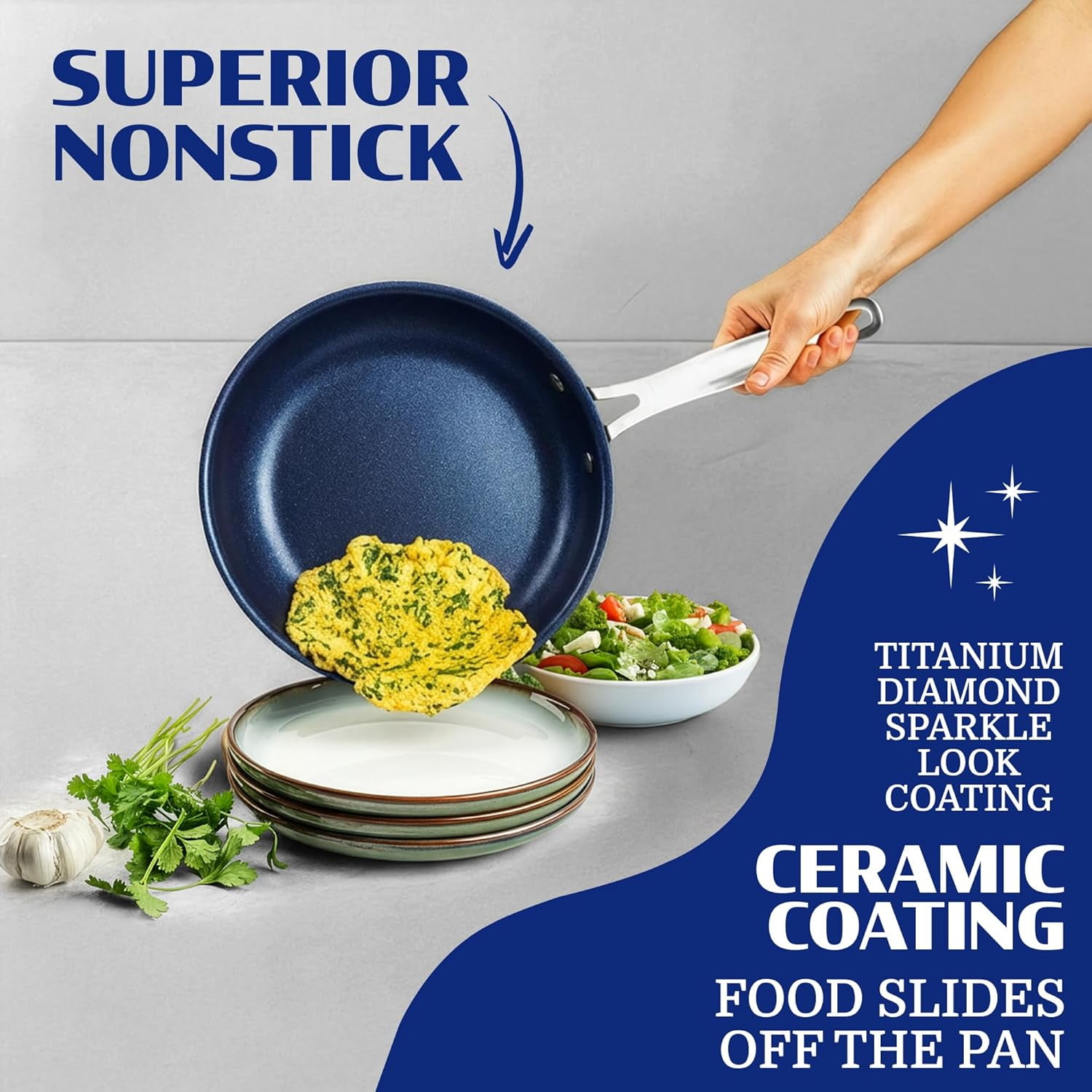 Granitestone Ceraluxe 20Pcs Ceramic Cookware Set Nonstick, Complete Pots and Pans Set Non Stick with 5 Pc Bakeware Set, Deep Frying Pan Set, & Steamer, Non Toxic, Oven & Dishwasher Safe, Blue