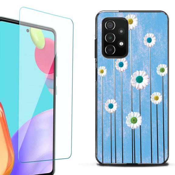 Slim-Fit Flexible TPU Gel Phone Case (black) for Samsung Galaxy A52 5G, with Tempered Glass Screen Protector, by OneToughShield ® - Daisy Sky