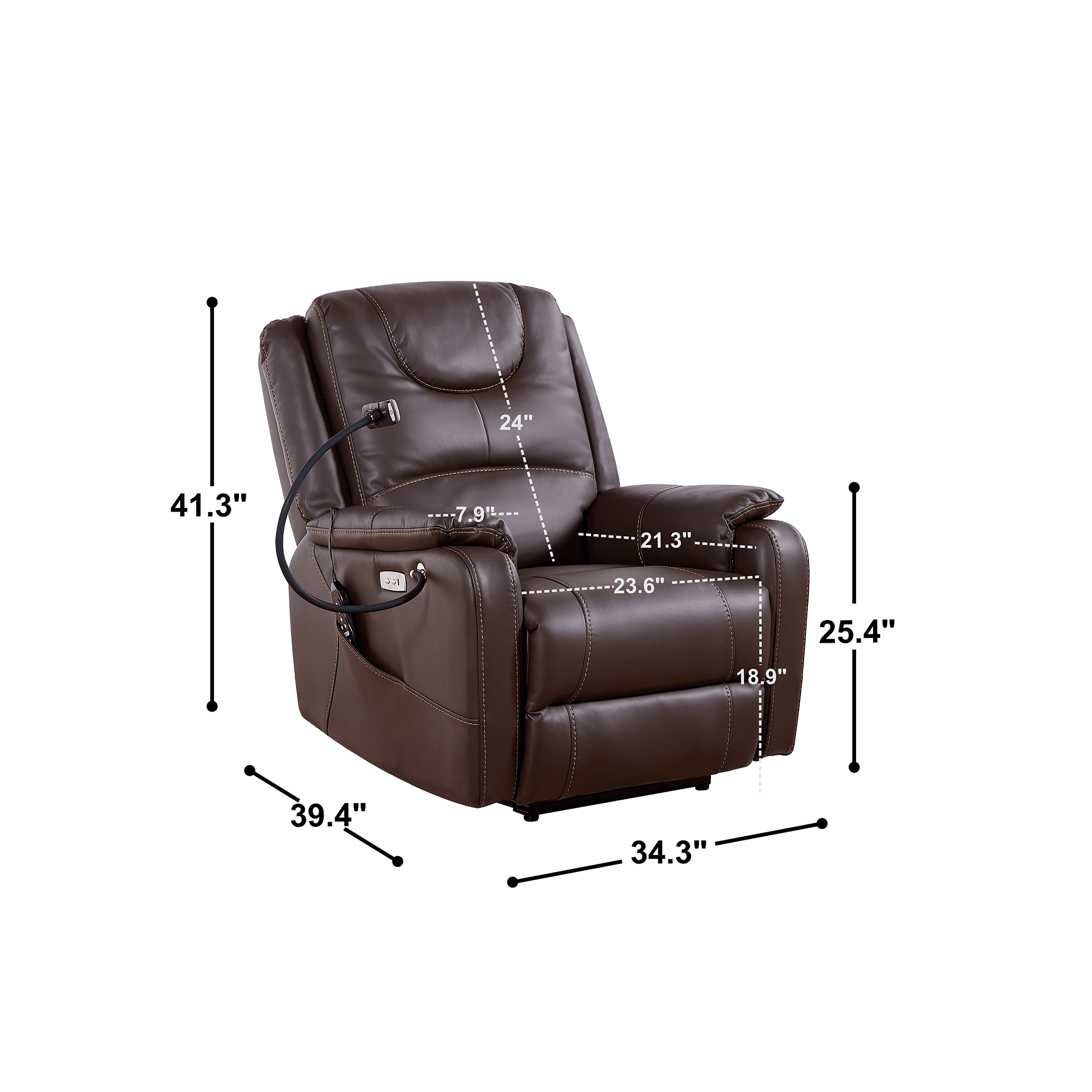 MAYEERTY Push-Button Power Recliner with Deep Body Cushions, Brown Faux Leather Upholstery