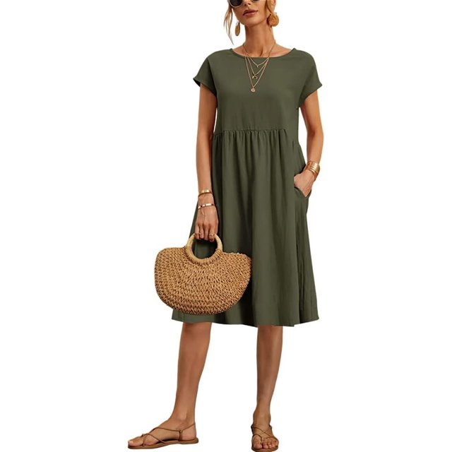 Robe de Plage Décontractée à Manches Courtes en Coton et Lin pour Femmes avec Poches