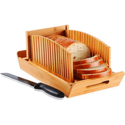 Bamboo Bread Slicer with Knife, Cutting Guide for Homemade Bread Cakes Bagels, Foldable with Crumb Tray, 3 Thickness Size