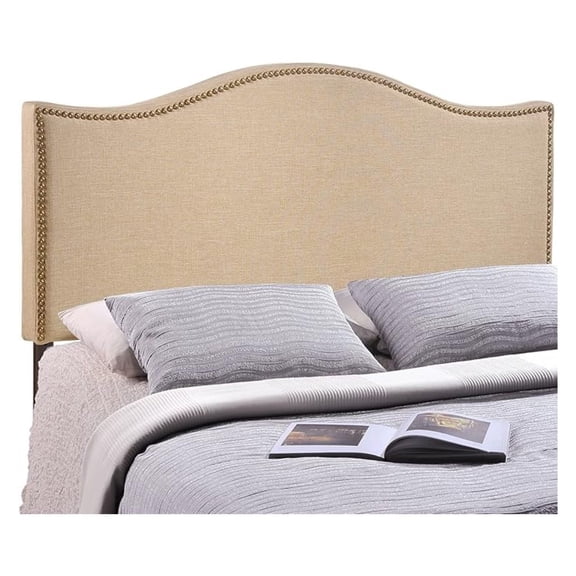 Linen Fabric Upholstered Queen Headboard with Nailhead Trim and Curved Shape in Café