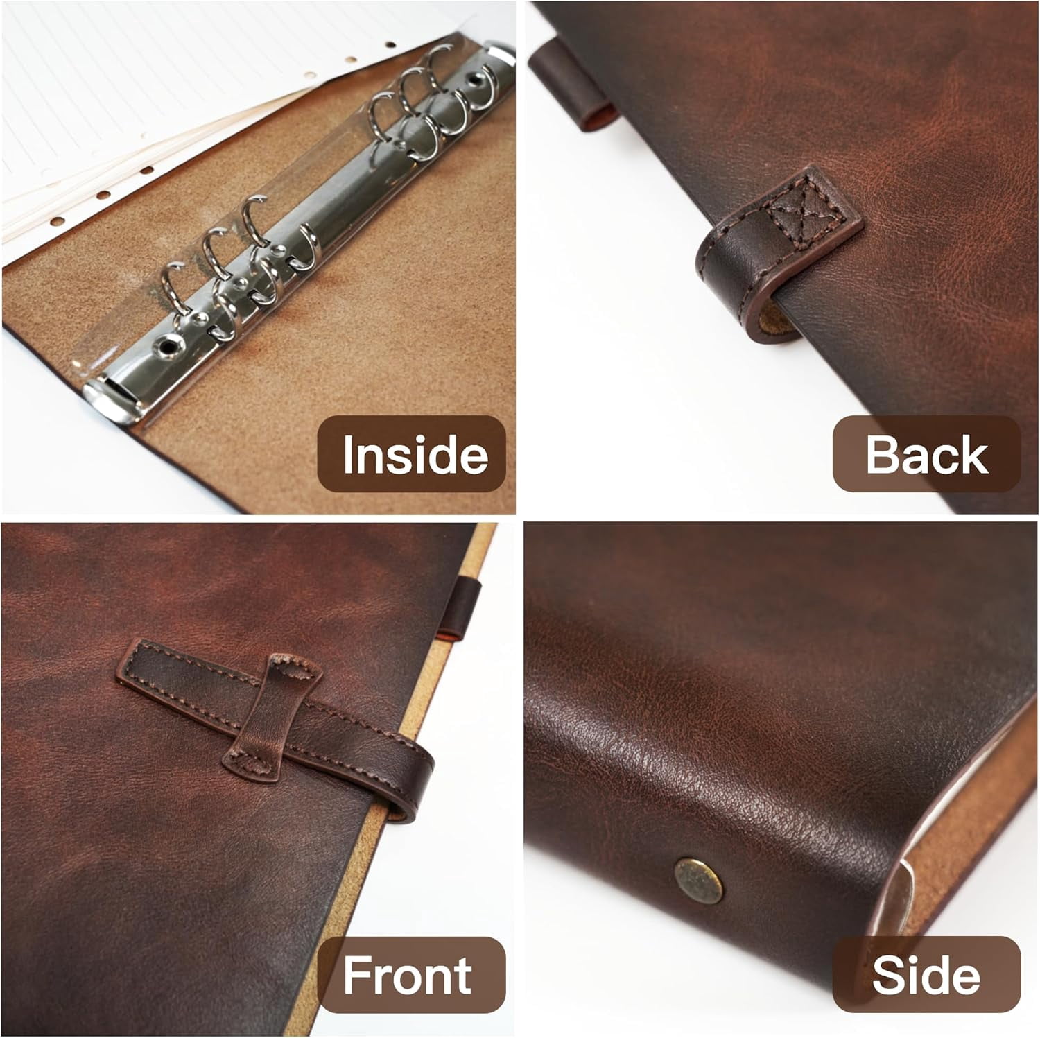 Vintage Leather A5 Binder Notebook, Refillable 6-Ring Journal with Pocket & 160 Lined Pages for Writers Office Study